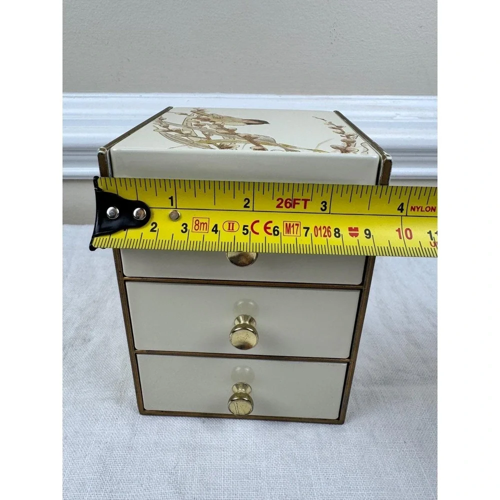 Vintage Otagiri Lacquerware Asian Bird Jewelry Box 3 Drawer‎ Mirror Cream Mini